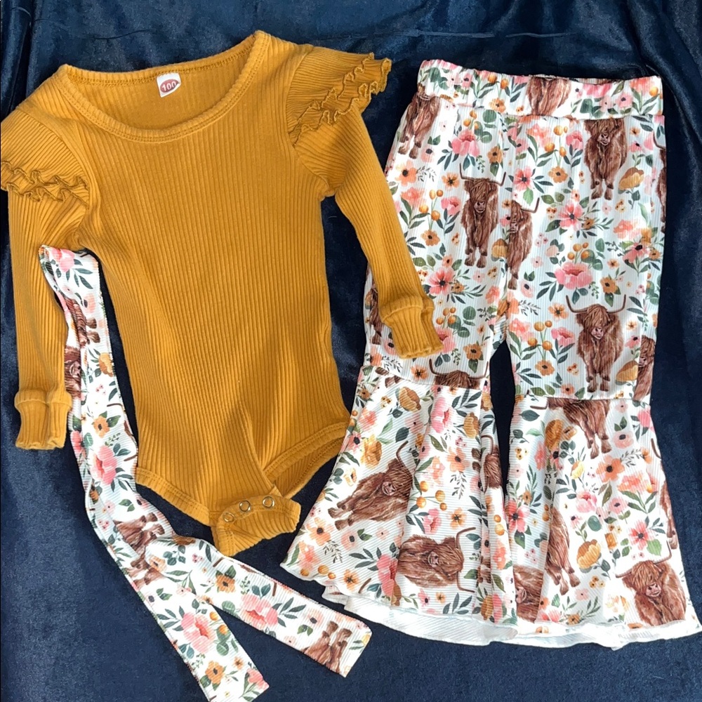 Mustard Ruffle Onesie and Floral Cow Print Set